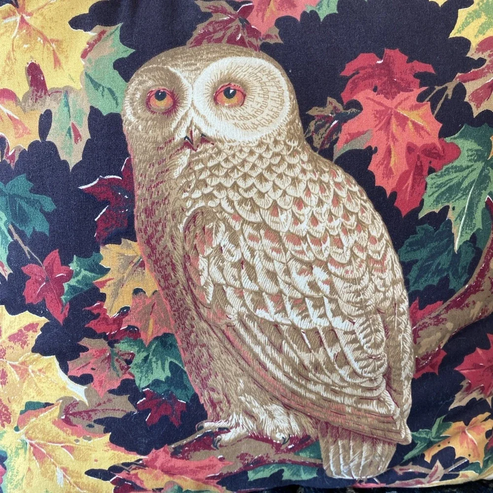 Wamsutta Barn Owl Fabric Black Background Fall Leave Pillow w/Black & White Lace